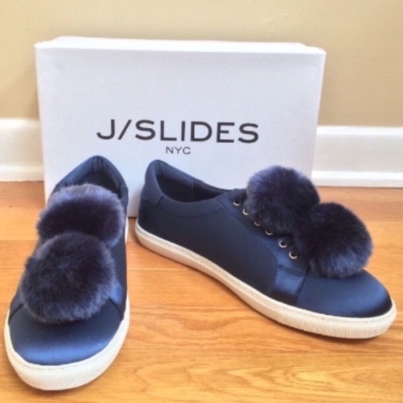 J/SLIDES NYC Cash Satin Faux Fur Pom Pom Sneakers - Picture 3 of 8